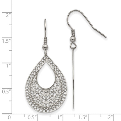 Chisel Stainless Steel Polished Textured Cut-out Design Dangle Shepherd Hook Earrings