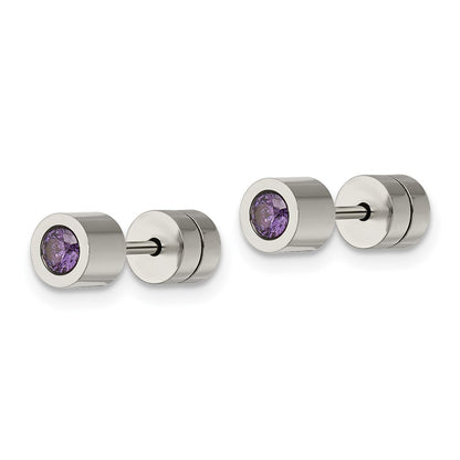 Chisel Stainless Steel Polished Purple CZ February Birthstone Post Earrings