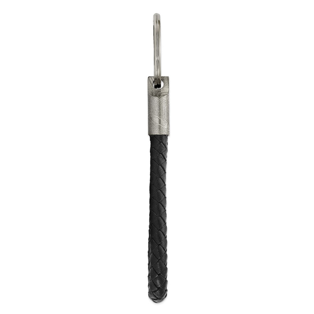 Chisel Damascus Steel Brushed and Textured Black Leather Key Ring