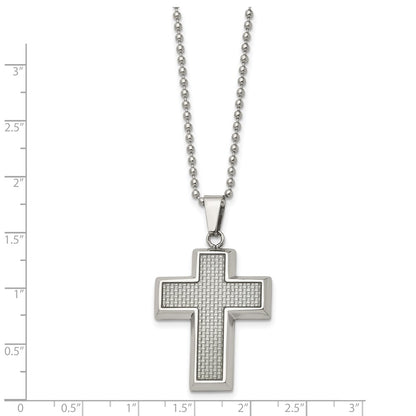Chisel Stainless Steel Polished with Grey Carbon Fiber Inlay Cross Pendant on a 22 inch Ball Chain Necklace