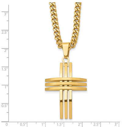 Chisel Stainless Steel Brushed and Polished Yellow IP-plated Cross Pendant on a 24 inch Curb Chain Necklace