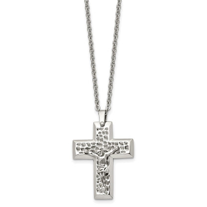 Chisel Stainless Steel Polished and Textured Crucifix Pendant on a 20 inch Cable Chain Necklace