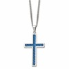 Chisel Stainless Steel Polished with Blue Carbon Fiber Inlay Cross Pendant on a 22 inch Curb Chain Necklace