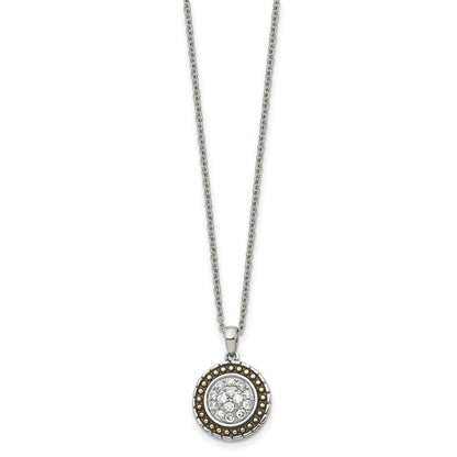 Chisel Stainless Steel Antiqued and Polished Yellow IP-plated with CZ Circle Pendant on an 18 inch Cable Chain Necklace