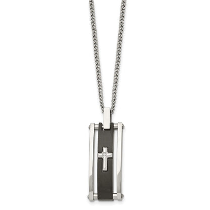 Chisel Stainless Steel Polished Black IP-plated with CZ Cross Pendant on a 22 inch Curb Chain Necklace