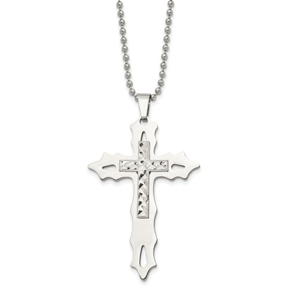 Chisel Stainless Steel Polished with Sterling Silver Inlay Cross Pendant on a 20 inch Ball Chain Necklace