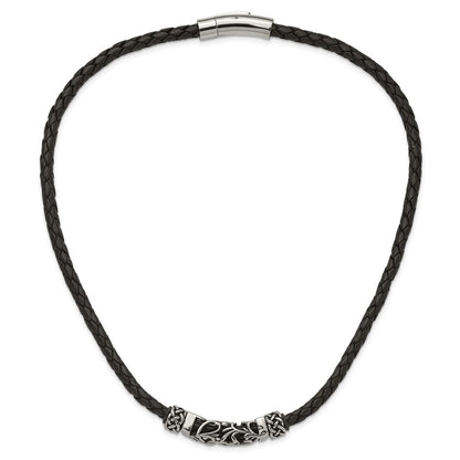 Chisel Stainless Steel Black Leather with Antiqued Beads 19.75 inch Necklace