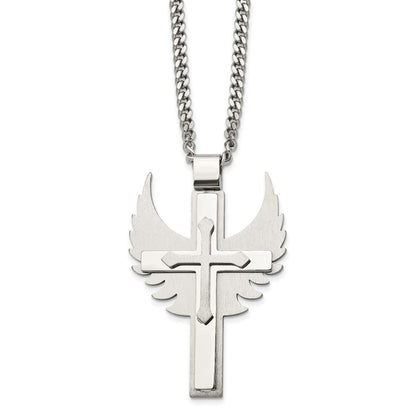 Chisel Stainless Steel Brushed and Polished Cross with Wings Pendnat on a 20 inch Curb Chain Necklace