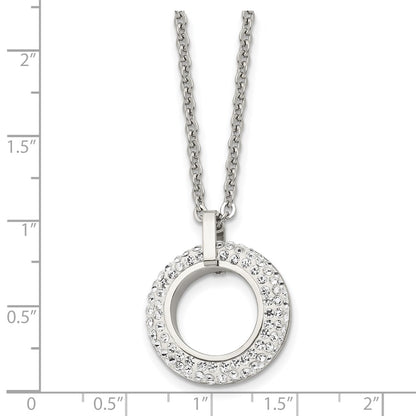 Chisel Stainless Steel Polished White Enameled with Crystals Open Circle Pendant on an 18 inch Cable Chain Necklace