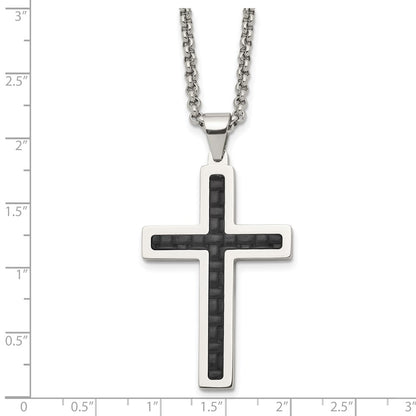 Chisel Stainless Steel Polished and Textured Black Leather Inlay Cross Pendant on a 20 inch Rolo Chain Necklace