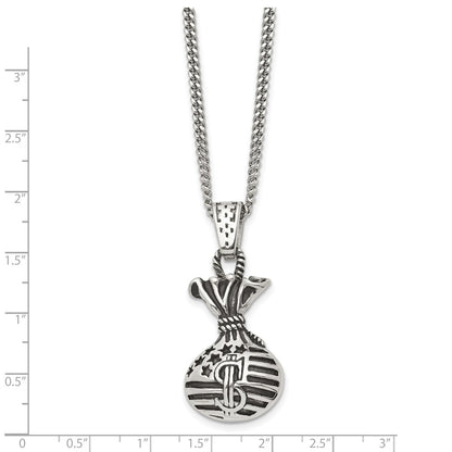 Chisel Stainless Steel Polished and Antiqued Money Bag Pendant on a 22 inch Curb Chain Necklace
