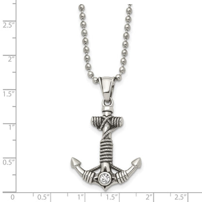 Chisel Stainless Steel Antiqued and Polished with CZ Anchor with Rope Pendant on a 20 inch Ball Chain Necklace