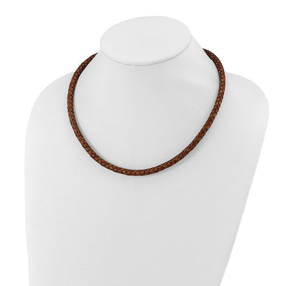 Chisel Stainless Steel Polished Woven Brown Leather 19.5 inch Necklace