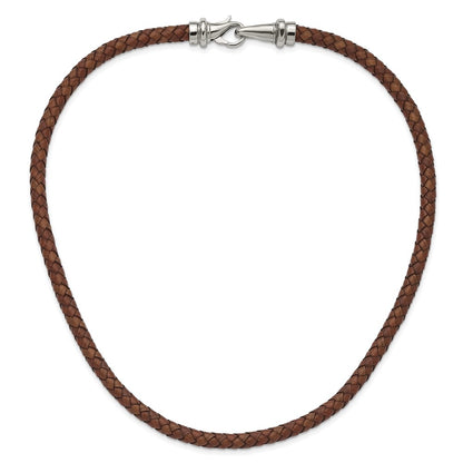 Chisel Stainless Steel Polished Woven Brown Leather 19.5 inch Necklace