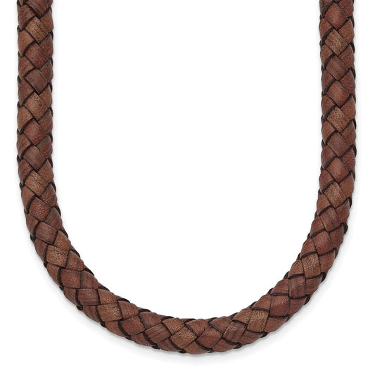 Chisel Stainless Steel Polished Woven Brown Leather 19.5 inch Necklace