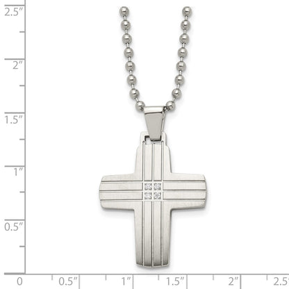 Chisel Stainless Steel Brushed and Polished with CZ Grooved Cross Pendant on a 22 inch Ball Chain Necklace