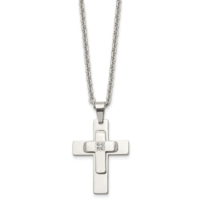 Chisel Stainless Steel Polished with CZ Cross Pendant on a 22 inch Cable Chain Necklace