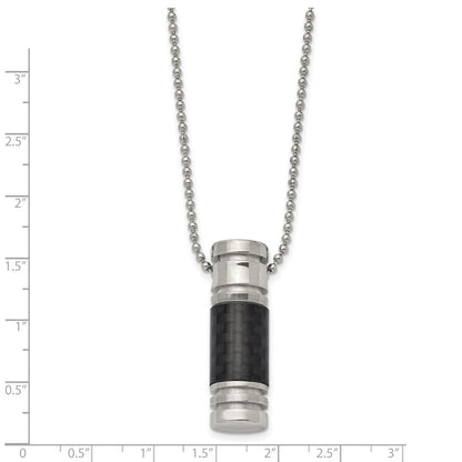Chisel Stainless Steel Polished with Black Carbon Fiber Inlay Cylinder on a 22 inch Ball Chain Necklace