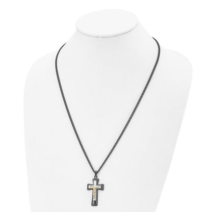 Chisel Stainless Steel Polished Black IP-plated, Gold-plated and Silver-Plated Brass Crucifix on a 24 inch Curb Chain Necklace