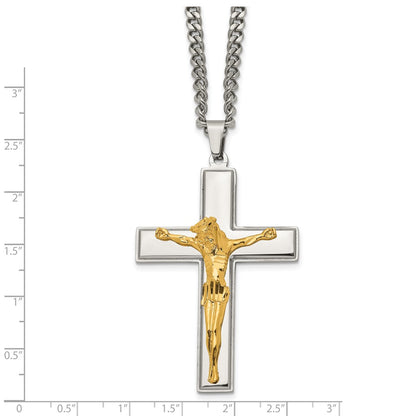 Chisel Stainless Steel Polished Yellow IP-plated Crucifix Pendant on a 24 inch Curb Chain Necklace