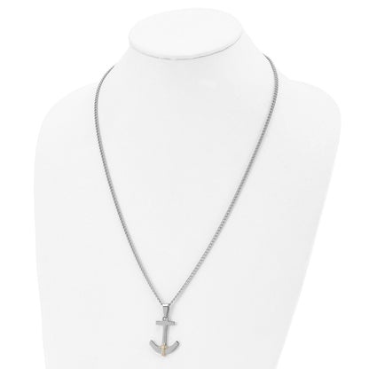 Chisel Stainless Steel Polished with 14k Gold and .02 Carat Diamond Anchor Mariner Cross Pendant on a 24 inch Curb Chain Necklace