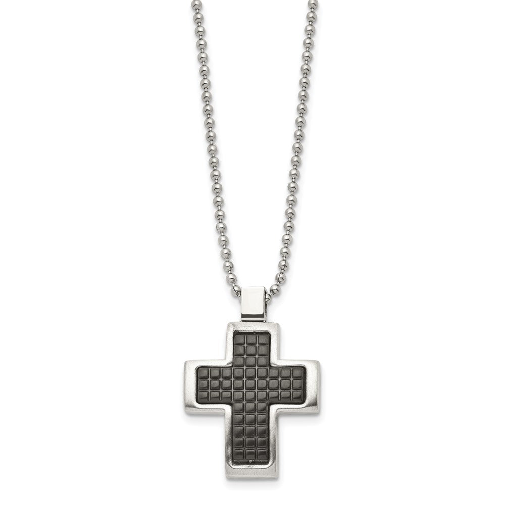 Chisel Stainless Steel Brushed Polished and Textured Black IP-plated Cross Pendant on a 22 inch Ball Chain Necklace