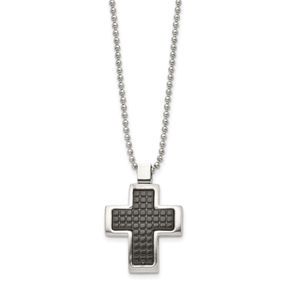 Chisel Stainless Steel Brushed Polished and Textured Black IP-plated Cross Pendant on a 22 inch Ball Chain Necklace