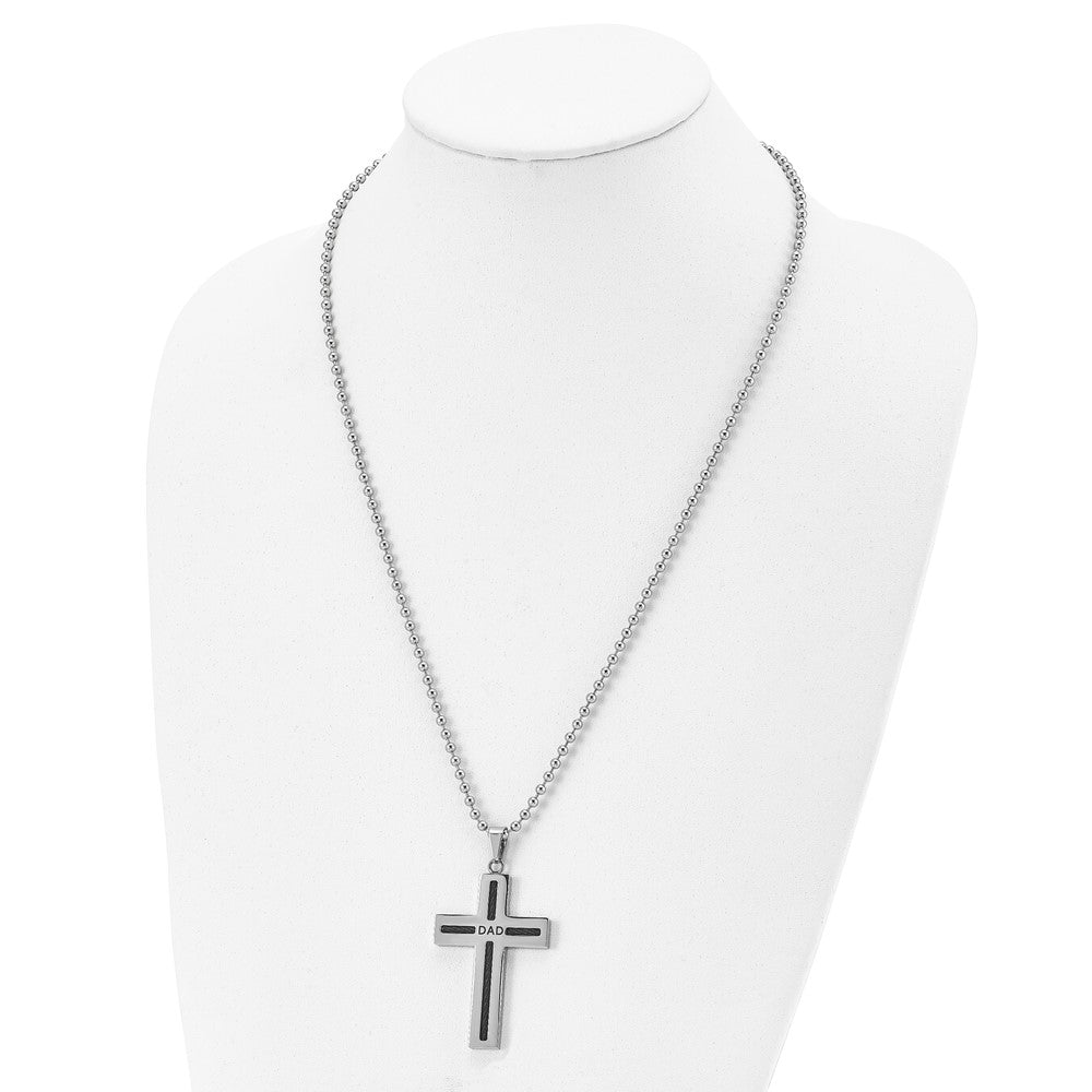 Chisel Stainless Steel Polished Black IP-plated Cable DAD Cross Pendant on a 24 inch Ball Chain Necklace