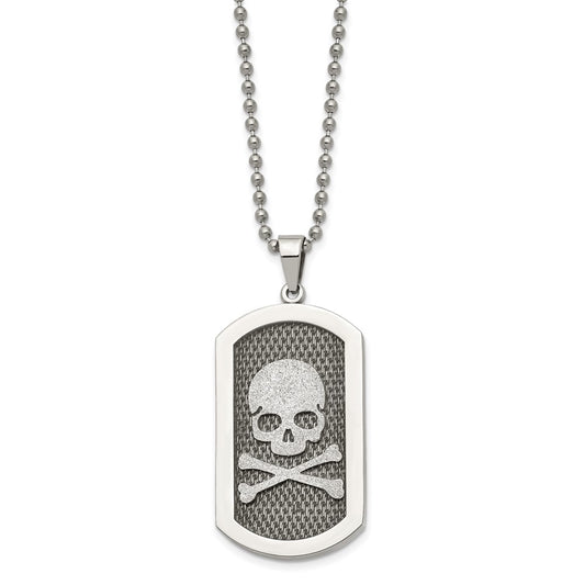Chisel Stainless Steel Brushed and Polished Laser Cut Skull and Crossbones Dog Tag on a 24 inch Ball Chain Necklace