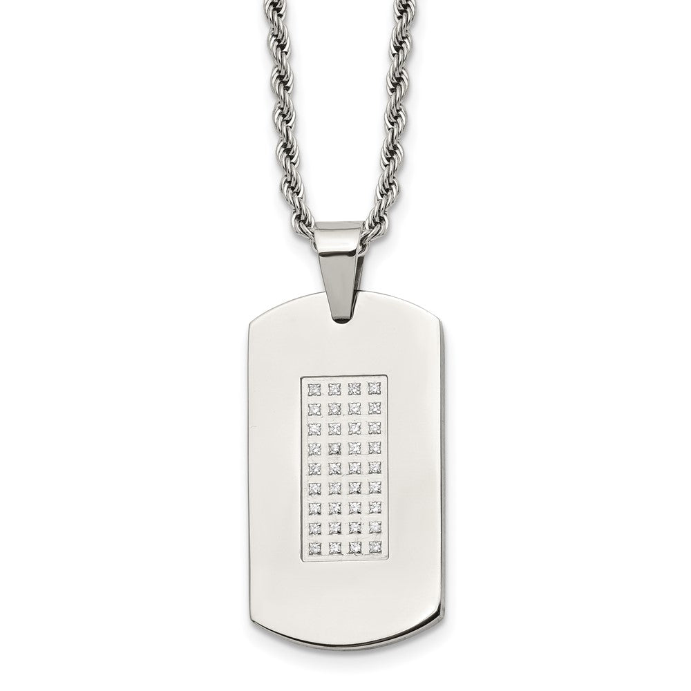 Chisel Stainless Steel Polished with CZ Dog Tag on a 22 inch Rope Chain Necklace