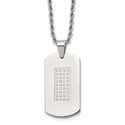 Chisel Stainless Steel Polished with CZ Dog Tag on a 22 inch Rope Chain Necklace