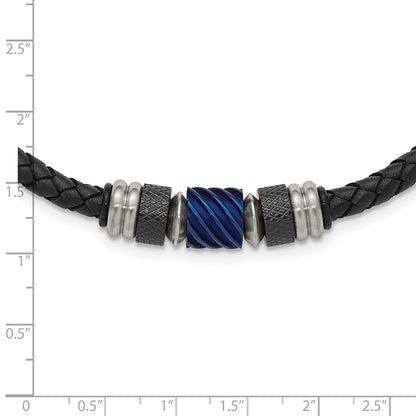 Chisel Stainless Steel Brushed and Polished Black and Blue IP-plated Black Rubber 20 inch Leather Necklace