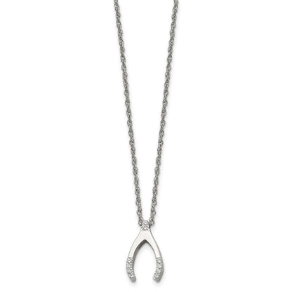 Chisel Stainless Steel Polished with CZ Wishbone on a 15.5 inch Multi-Link Chain Necklace