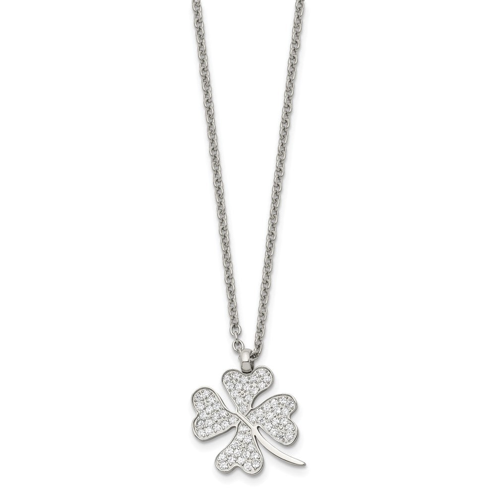 Chisel Stainless Steel Polished CZ Four Leaf Clover Pendant on a 22 inch Cable Chain Necklace