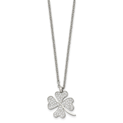Chisel Stainless Steel Polished CZ Four Leaf Clover Pendant on a 22 inch Cable Chain Necklace