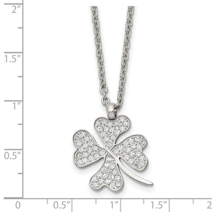 Chisel Stainless Steel Polished CZ Four Leaf Clover Pendant on a 22 inch Cable Chain Necklace