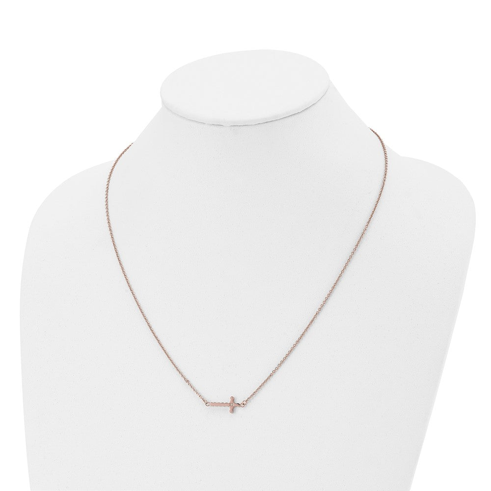 Chisel Stainless Steel Polished Rose IP-plated with CZ Sideways Cross on a 21.25 inch with 4.25in extension Cable Chain Necklace