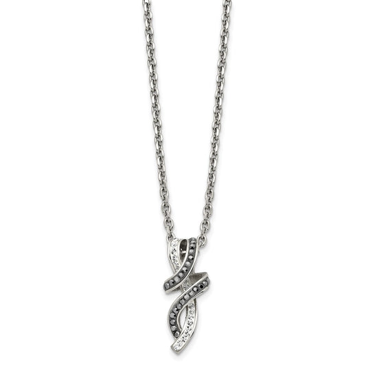 Chisel Stainless Steel Polished Black and White Crystal Fancy Twisted Pendant on an 18 inch Cable Chain Necklace