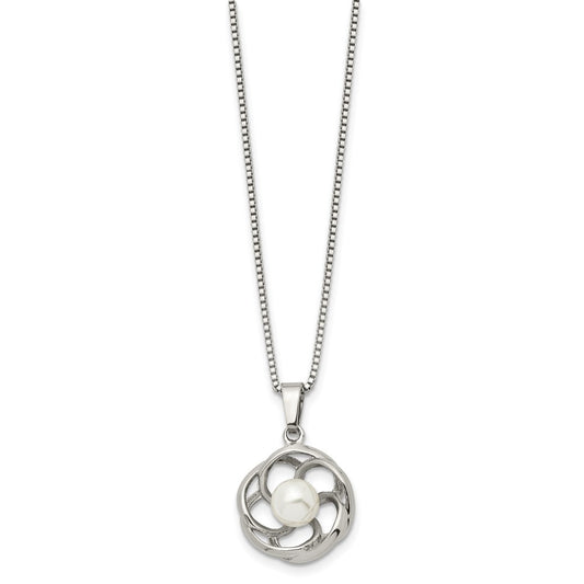 Chisel Stainless Steel Polished with Freshwater Cultured Pearl Flower Pendant on an 18 inch Box Chain Necklace