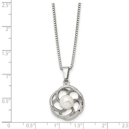 Chisel Stainless Steel Polished with Freshwater Cultured Pearl Flower Pendant on an 18 inch Box Chain Necklace