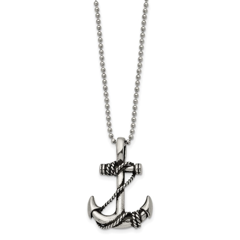 Chisel Stainless Steel Antiqued and Polished Anchorwiht Rope Pendant on a 22 inch Ball Chain Necklace