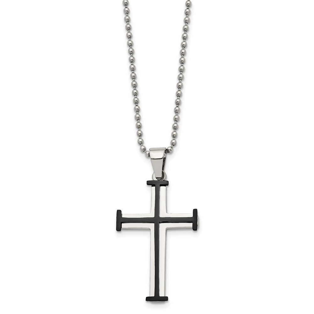 Chisel Stainless Steel Polished Black IP-plated Cross Pendant on a 22 inch Ball Chain Necklace