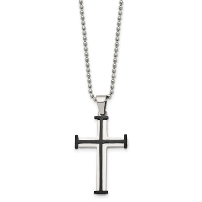Chisel Stainless Steel Polished Black IP-plated Cross Pendant on a 22 inch Ball Chain Necklace