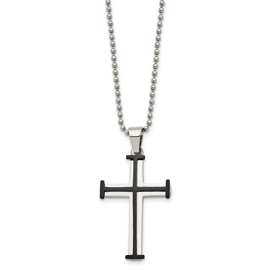 Chisel Stainless Steel Polished Black IP-plated Cross Pendant on a 22 inch Ball Chain Necklace