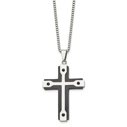Chisel Stainless Steel Brushed and Polished Black IP-plated Cross Pendant on a 22 inch Box Chain Necklace
