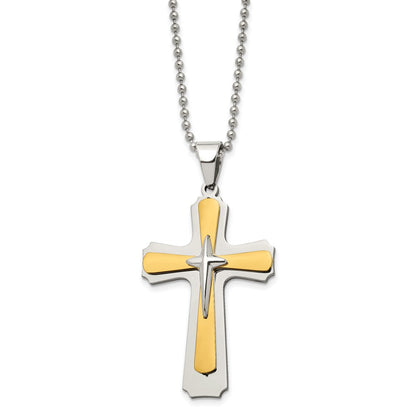 Chisel Stainless Steel Polished Yellow IP-plated Cross Pendant on a 22 inch Ball Chain Necklace
