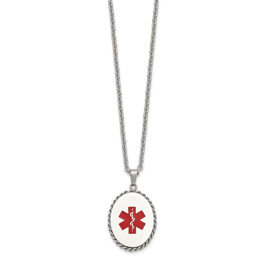 Chisel Stainless Steel Polished with Red Enamel Oval Medical ID Pendant on a 20 inch Cable Chain Necklace