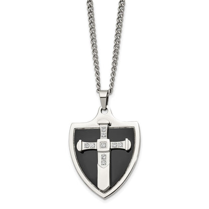Chisel Stainless Steel Polished Black IP-plated with CZ Cross Shield Pendant on a 24 inch Curb Chain Necklace
