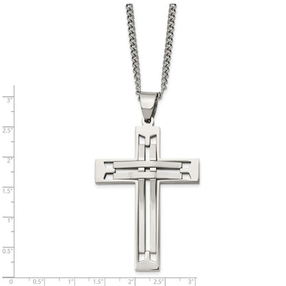 Chisel Stainless Steel Polished Cross Pendant on a 24 inch Curb Chain Necklace