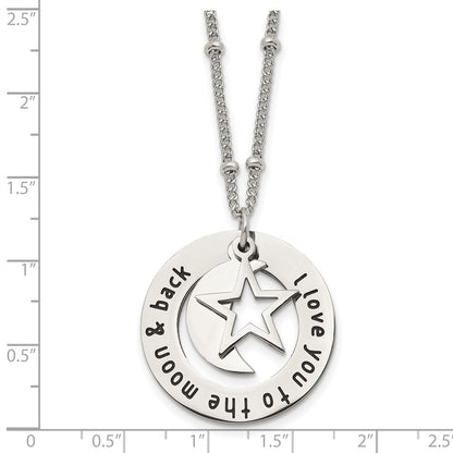 Chisel Stainless Steel Polished Enameled I LOVE YOU TO THE MOON & BACK with Moon and Star Pendant on a 20in Beaded Chain Necklace